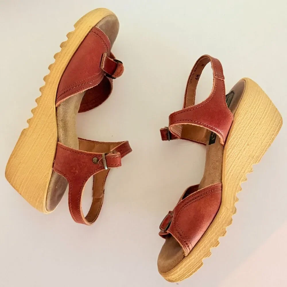 Morgan Quinn VTG 70s Platform Brown Leather Wedge Sandals 8.5 Ankle Strap Buckle - Picture 3 of 9